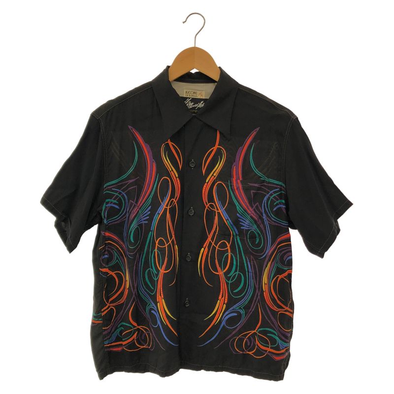 【中古】サンサーフ KEONI OF HAWAII MOONEYESコラボ ピンストライプ アロハシャツ ブラック サイズM ムーンアイズ[24]