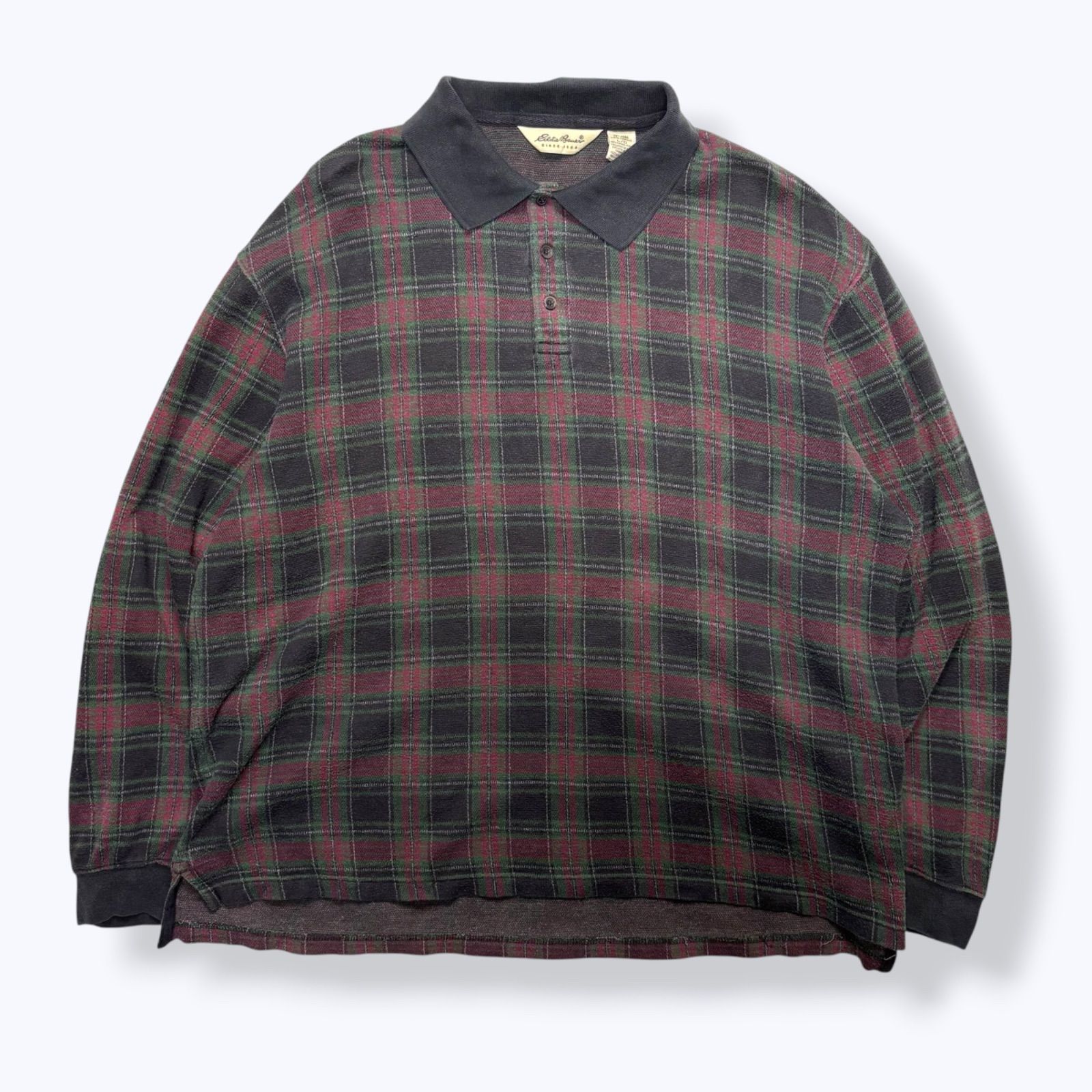 90s Eddie Bauer Pile l/s Polo Shirts 【L】 90年代 エディーバウアー パイル タオル コットン 長袖 チェック ポロシャツ Tシャツ 白タグ 古着 ヴィンテージ