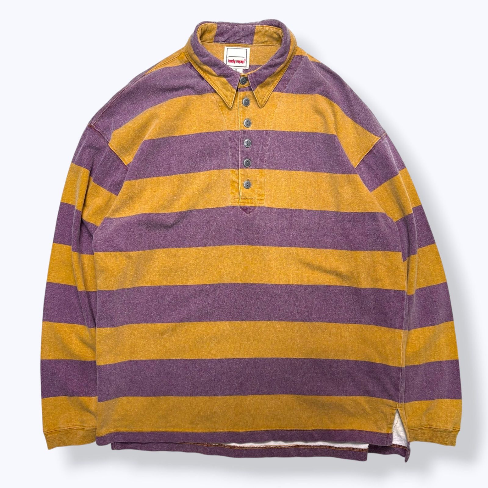 90s body equip Border l/s Polo Shirts 【M】 90年代 ボーダー 長袖 ポロシャツ コットン 古着 ヴィンテージ パープル マスタード