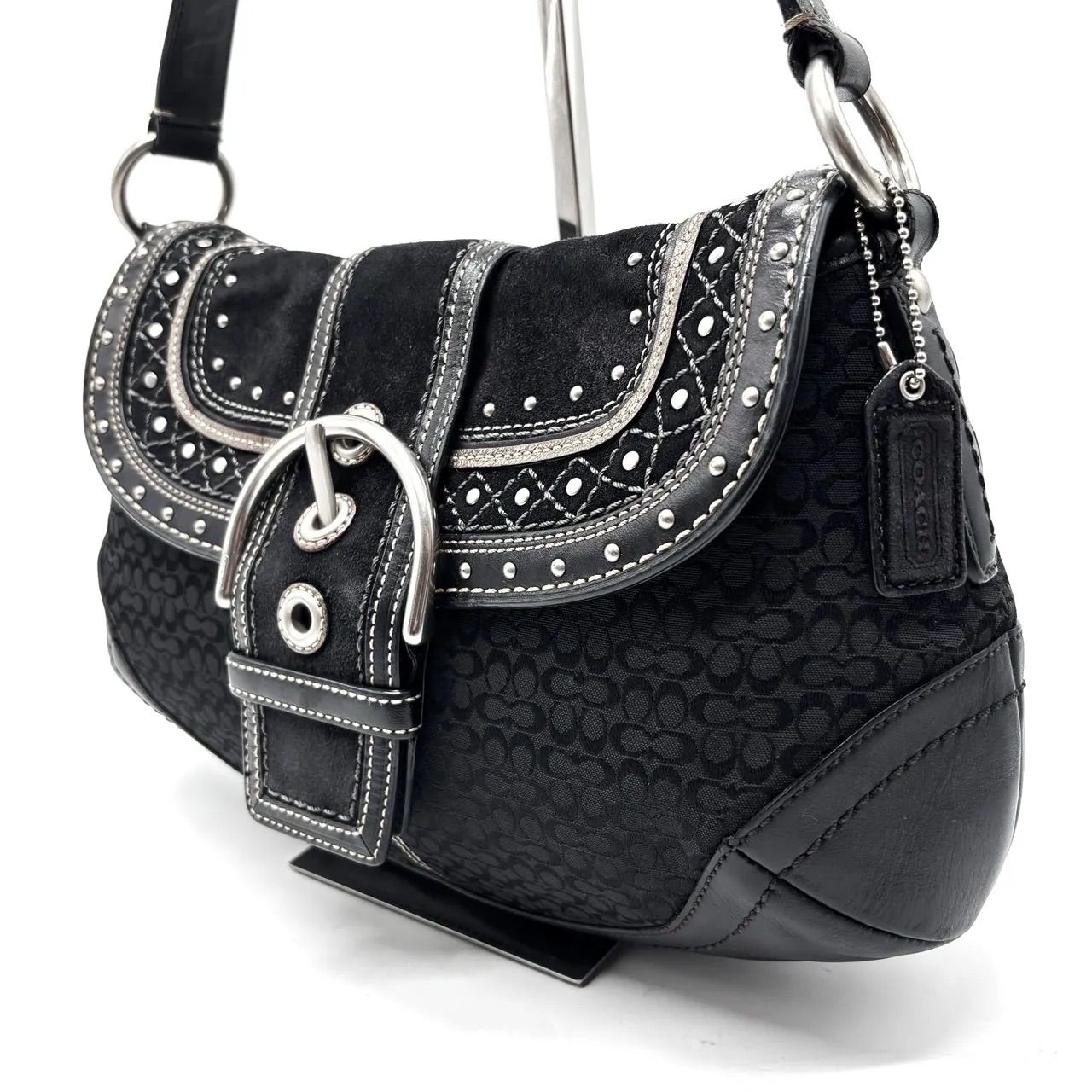 【良品】coach y2k soho signature canvas studs silverpart shandbag shoulder black unisex コーチ ハンドバッグ