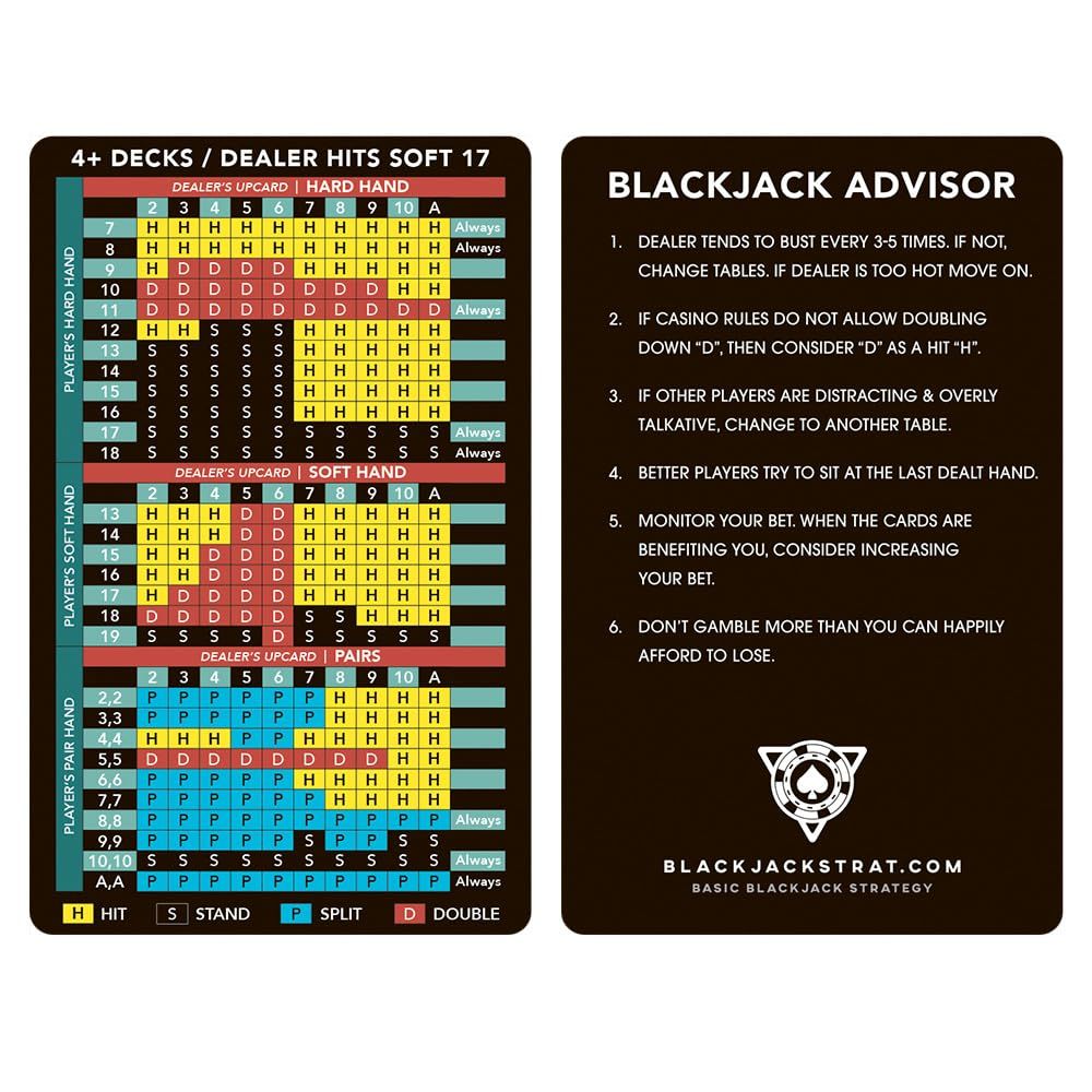 ブラックジャック戦略カード (1パック) - ベーシック戦略カード レザーウォレット付き – ハード/ソフトトータルとペア用のカジノフレンドリーポケットリファレンス – 練習、カジノナイト、旅行に最適 (メタル)