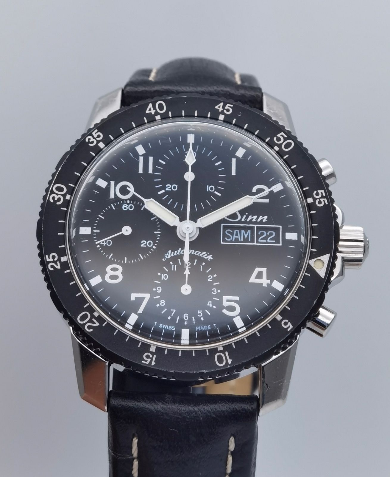 中古 保証書付き ジン SINN パイロット 103.B.AUTO クロノグラフ デイデイト 黒 ブラック文字盤 SS メンズ 自動巻き 腕時計