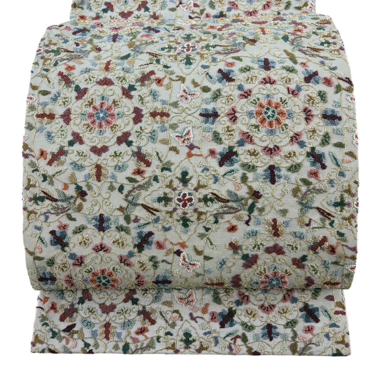 【美品】 袋帯 逸品 華文 花蝶 金糸 相良刺繍 灰緑 六通 正絹 【中古】