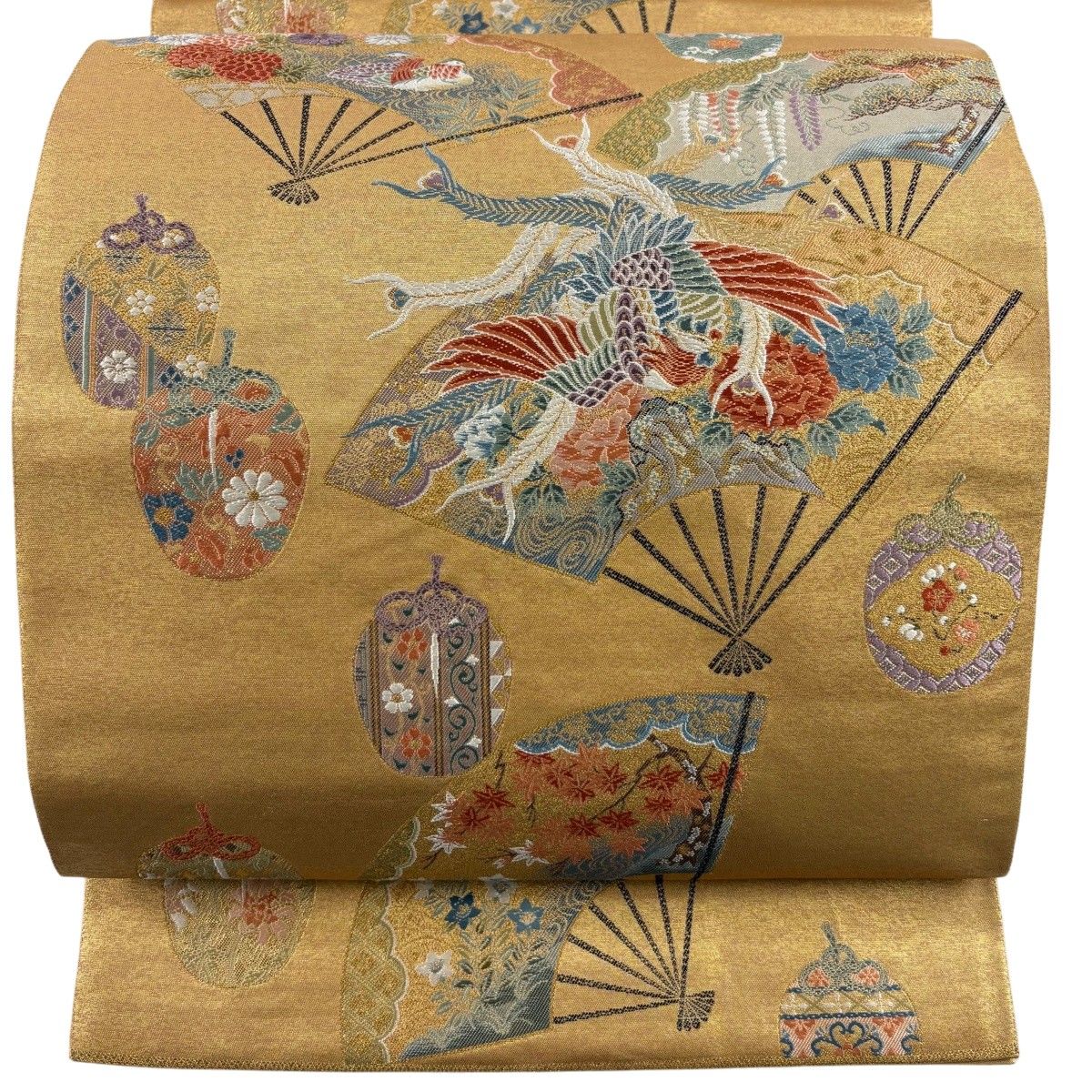 【美品】 袋帯 名品 長嶋成織物 落款 関西仕立て 瀞金錦 桧扇吉兆文 お仕覆 金糸 箔 金色 六通 正絹 【中古】