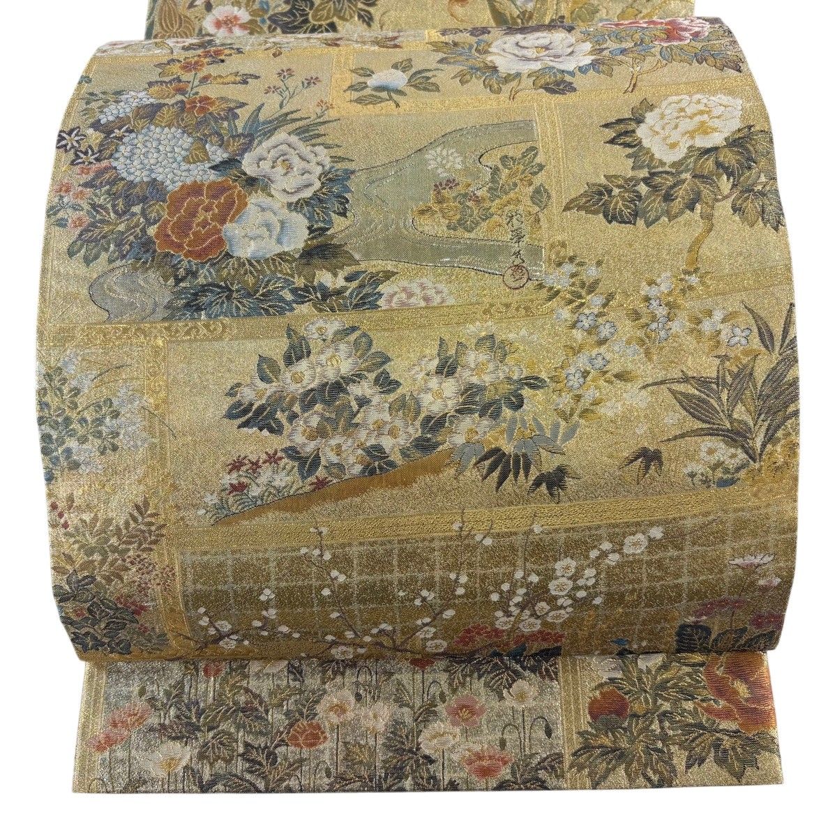 丸帯 逸品 牡丹 桜 金糸 箔 金色 全通 正絹 【中古】