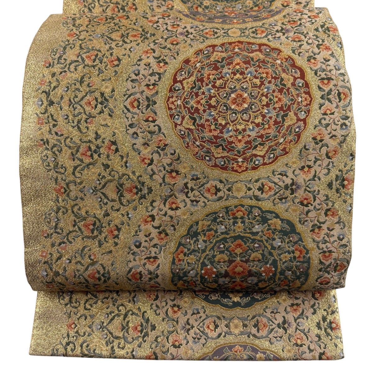 【美品】 袋帯 名品 華文 花唐草 金糸 箔 金色 六通 正絹 【中古】