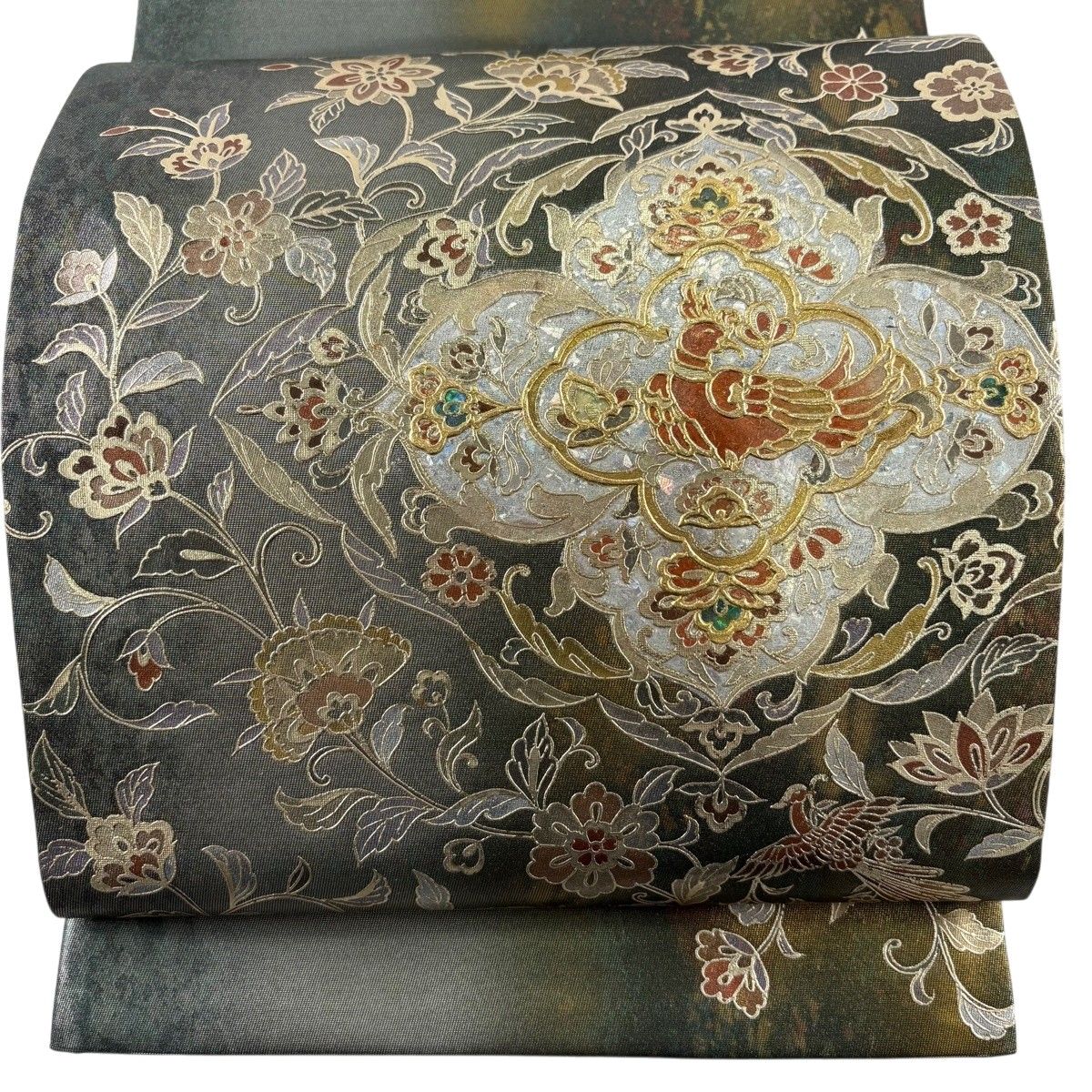 【美品】 袋帯 名品 花鳥 花菱 箔 金銀彩 灰緑 お太鼓柄 正絹 【中古】