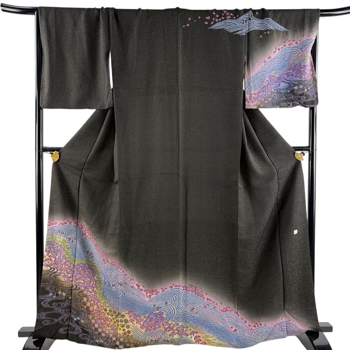 【美品】 訪問着 身丈164cm 裄丈69cm L 袷 落款 松 流水 金通し 絞り 墨色 正絹 名品 【中古】