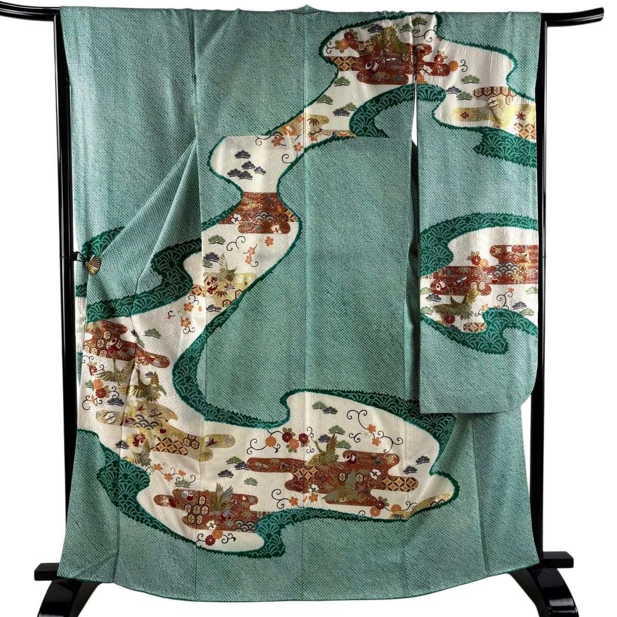 振袖 身丈164cm 裄丈66cm M 袷 やまと 松竹梅 鶴 金糸 絞り 緑 正絹 名品 【中古】
