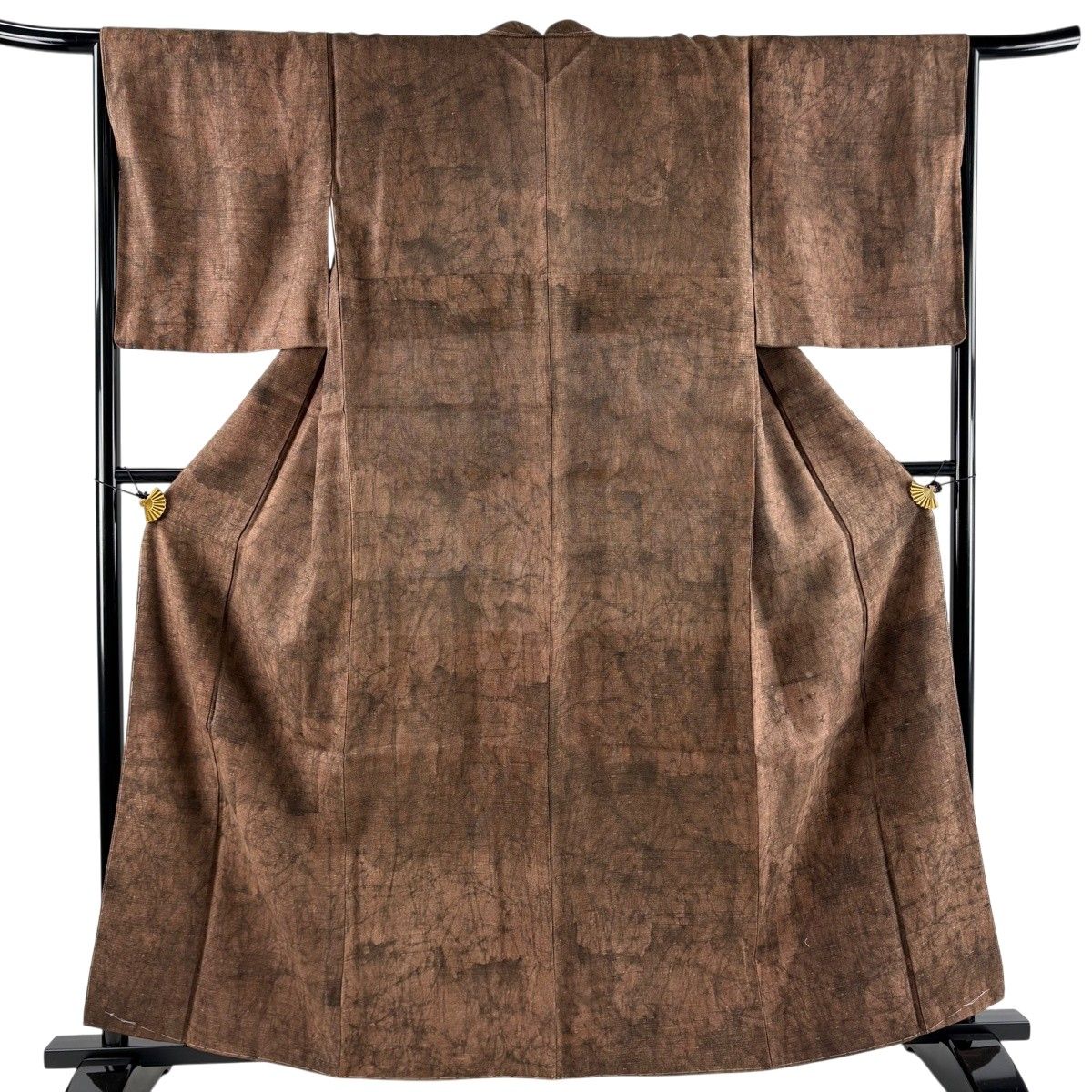 【美品】 小紋 身丈161.5cm 裄丈66cm M 袷 紬地 幾何学 茶色 正絹 名品 【中古】