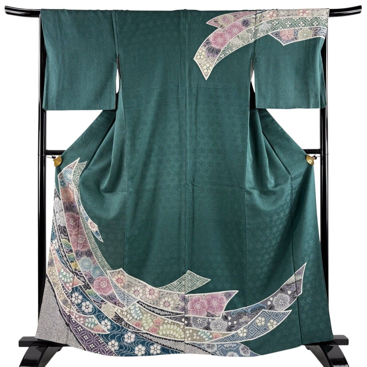 訪問着 身丈162cm 裄丈68cm L 袷 お仕覆 菊 刺繍 金彩 灰