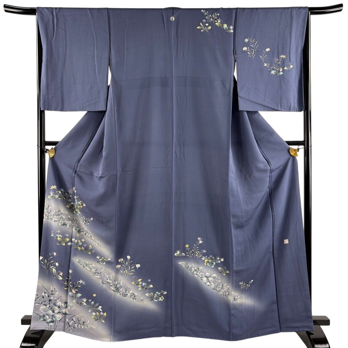 付下げ 身丈165cm 裄丈65.5cm M 袷 上野為二 落款 草花 金糸 ぼかし 青