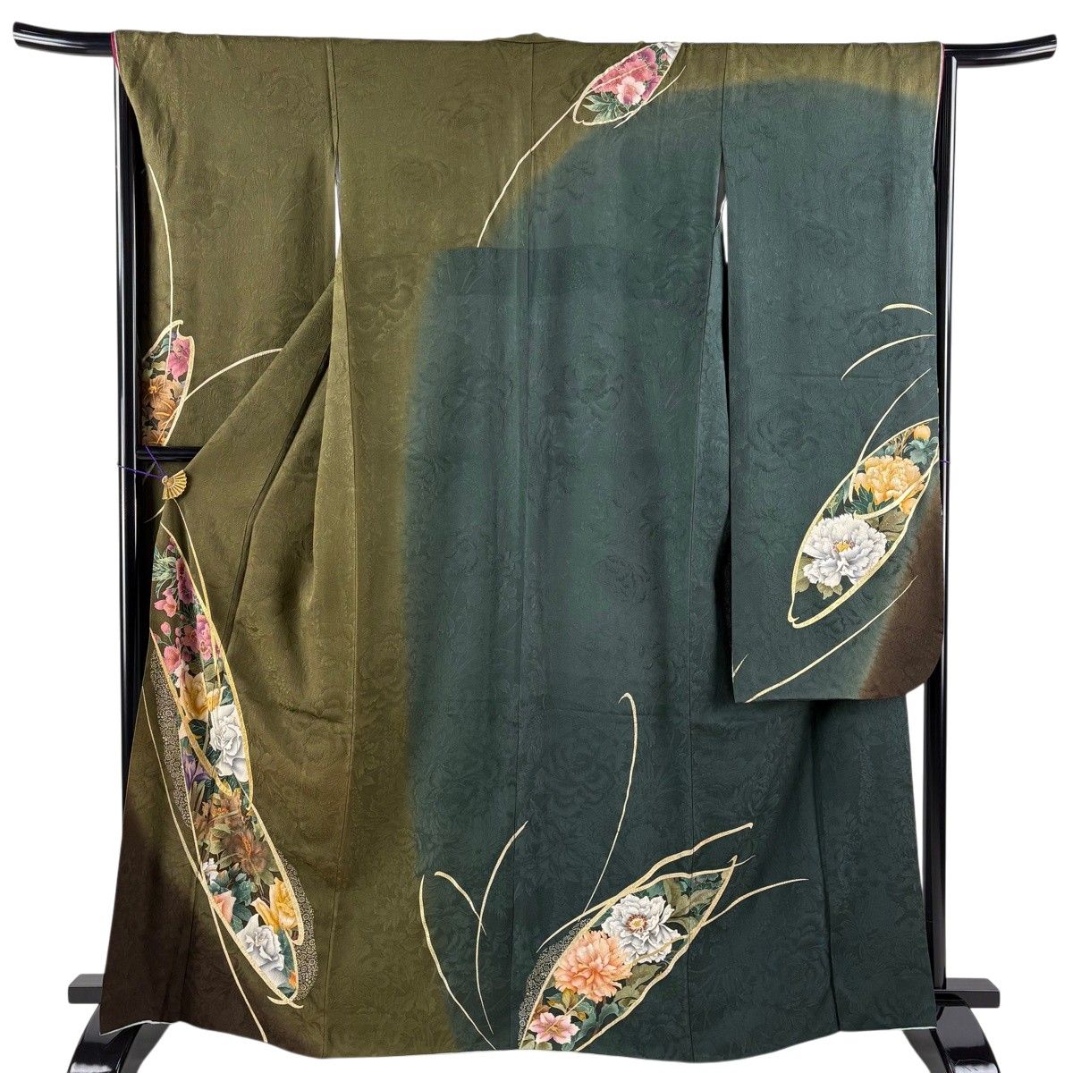 振袖 身丈164.5cm 裄丈65cm M 袷 草花 箔 金彩 茶緑色 正絹 秀品 【中古】
