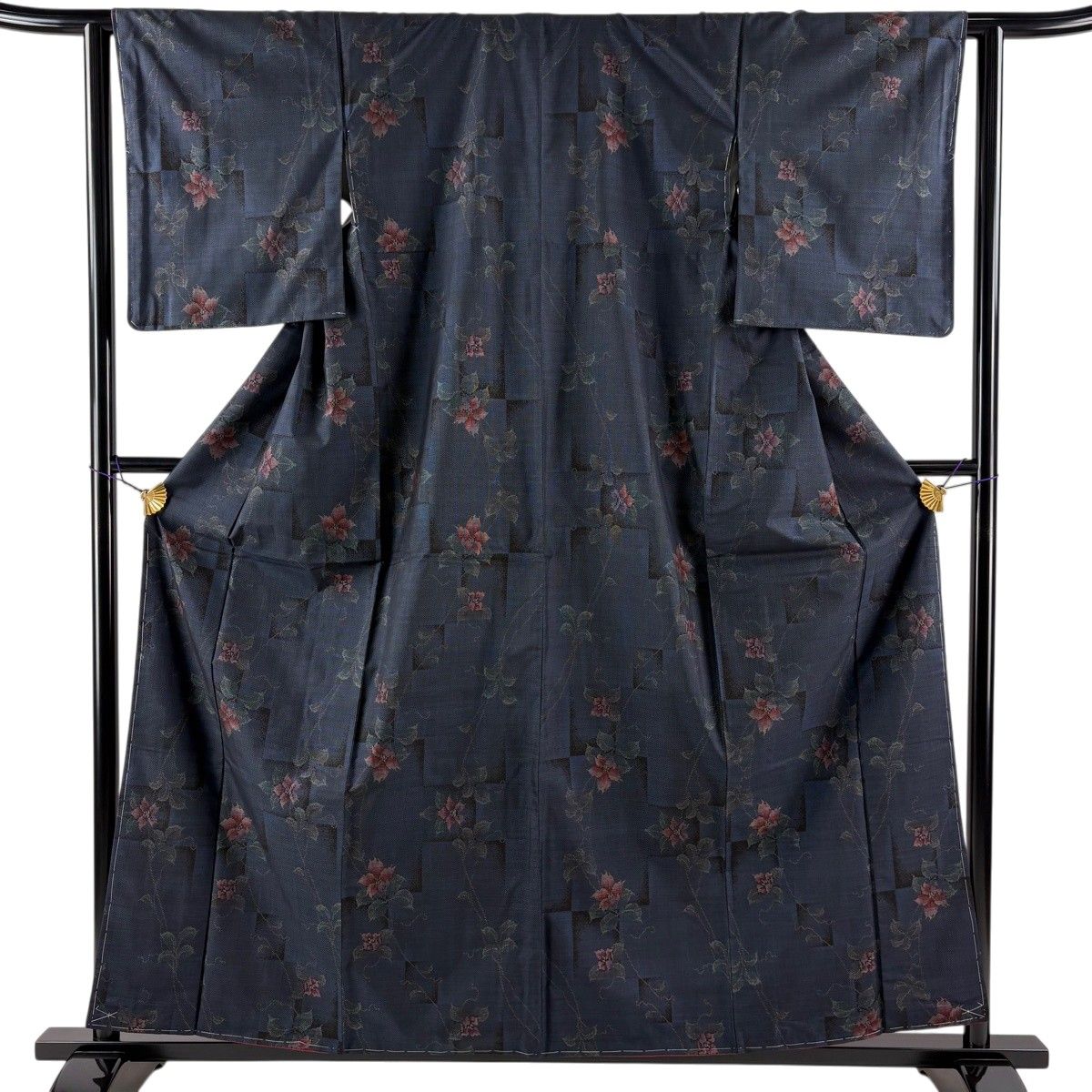 美品】 大島紬 身丈159.5cm 裄丈62cm S 袷 純泥染 証紙 草花 紺色 正絹