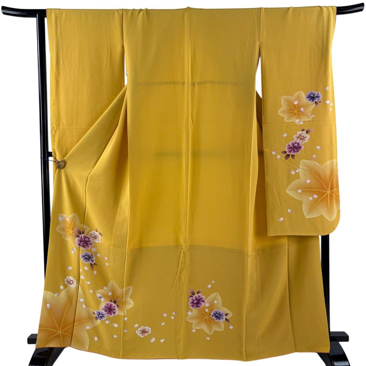 振袖 身丈164cm 裄丈66.5cm M 袷 草花 花びら 山吹色 正絹 秀品 【中古 