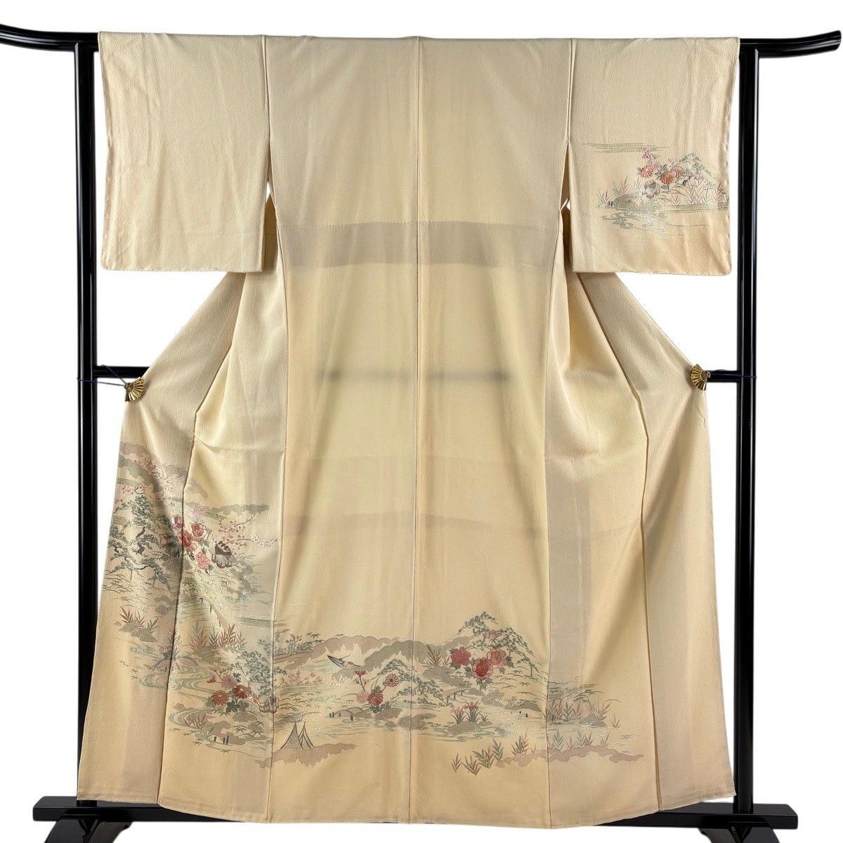 【美品】 付下げ 身丈158.5cm 裄丈63.5cm S 袷 松竹梅 橋 金糸 刺繍 ベージュ 正絹 秀品 【中古】