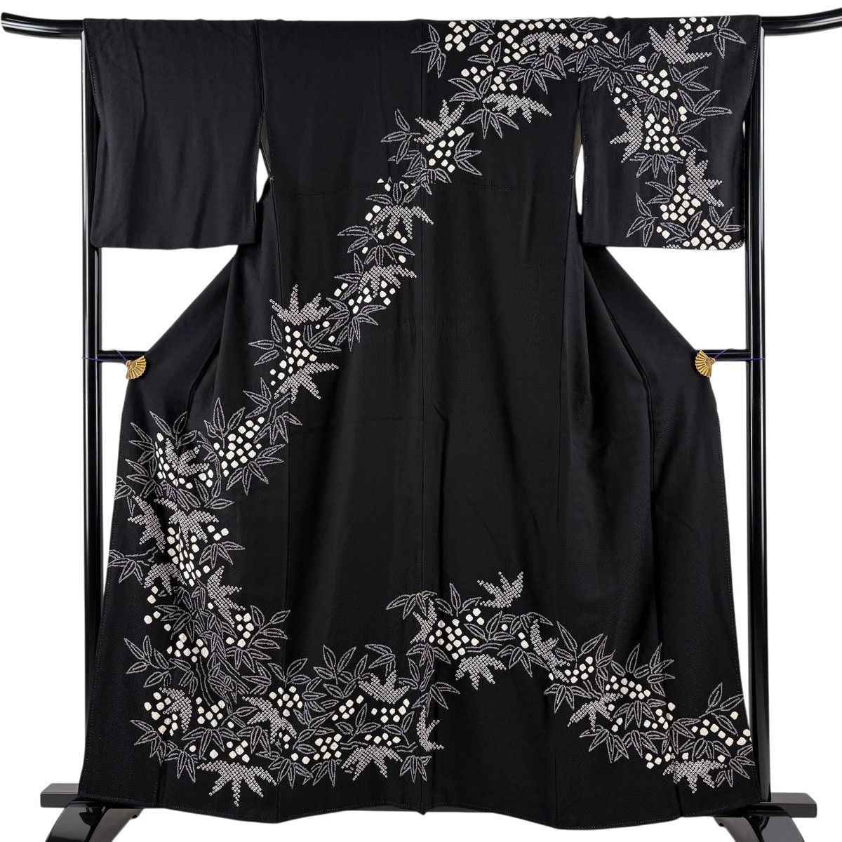 美品】 訪問着 身丈158.5cm 裄丈66cm M 袷 笹 絞り 黒 正絹 秀品