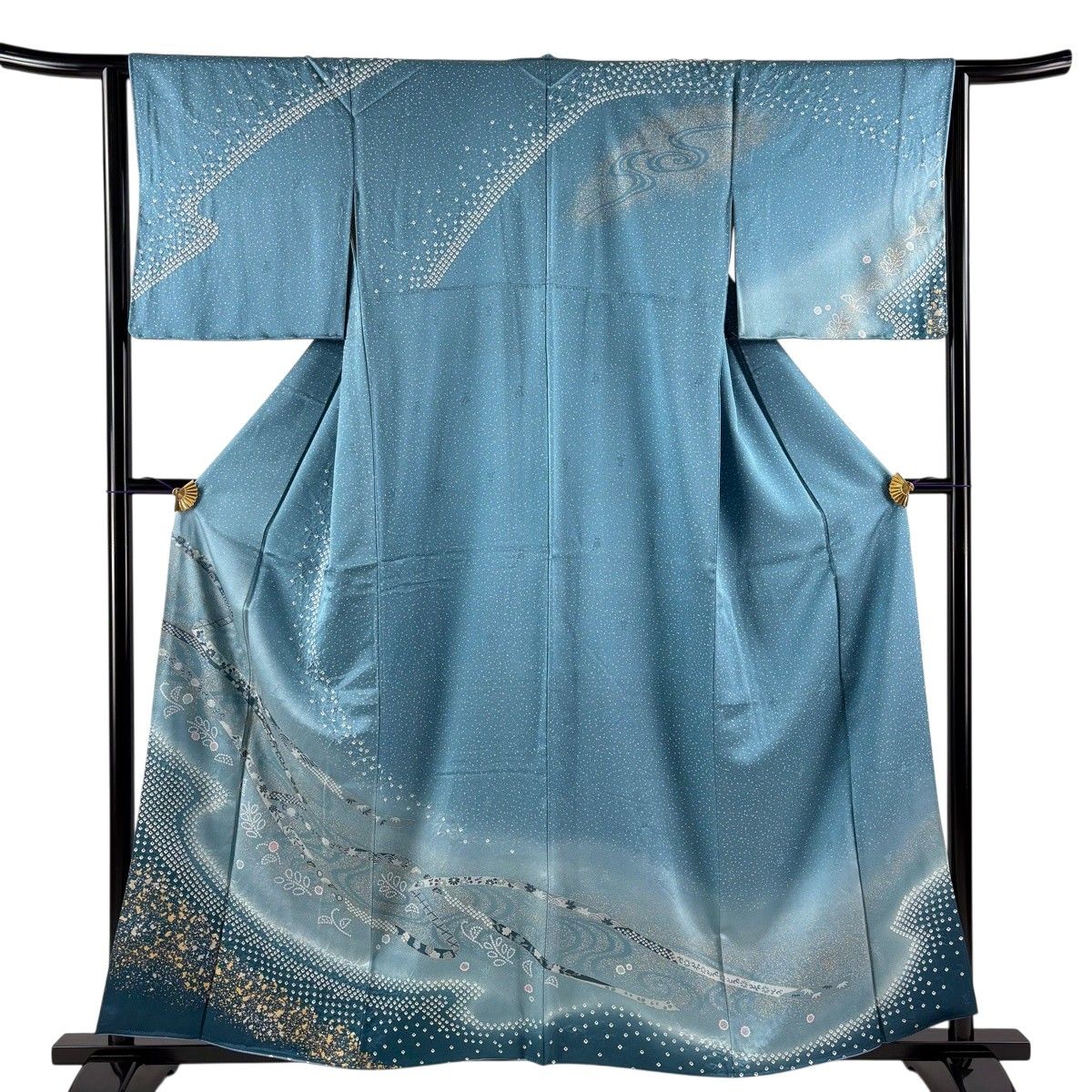訪問着 身丈159cm 裄丈64cm M 袷 蔓帯 草花 金彩 青緑 正絹 秀品