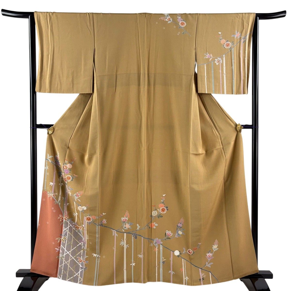 訪問着 身丈162cm 裄丈64.5cm M 袷 竹 菊 金彩 茶色 正絹 秀品 【中古】