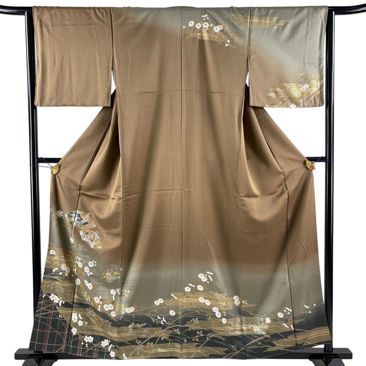 訪問着 身丈158.5cm 裄丈64.5cm M 袷 扇面 草花 金銀彩 染め分け 茶色 正絹 秀品 【中古】