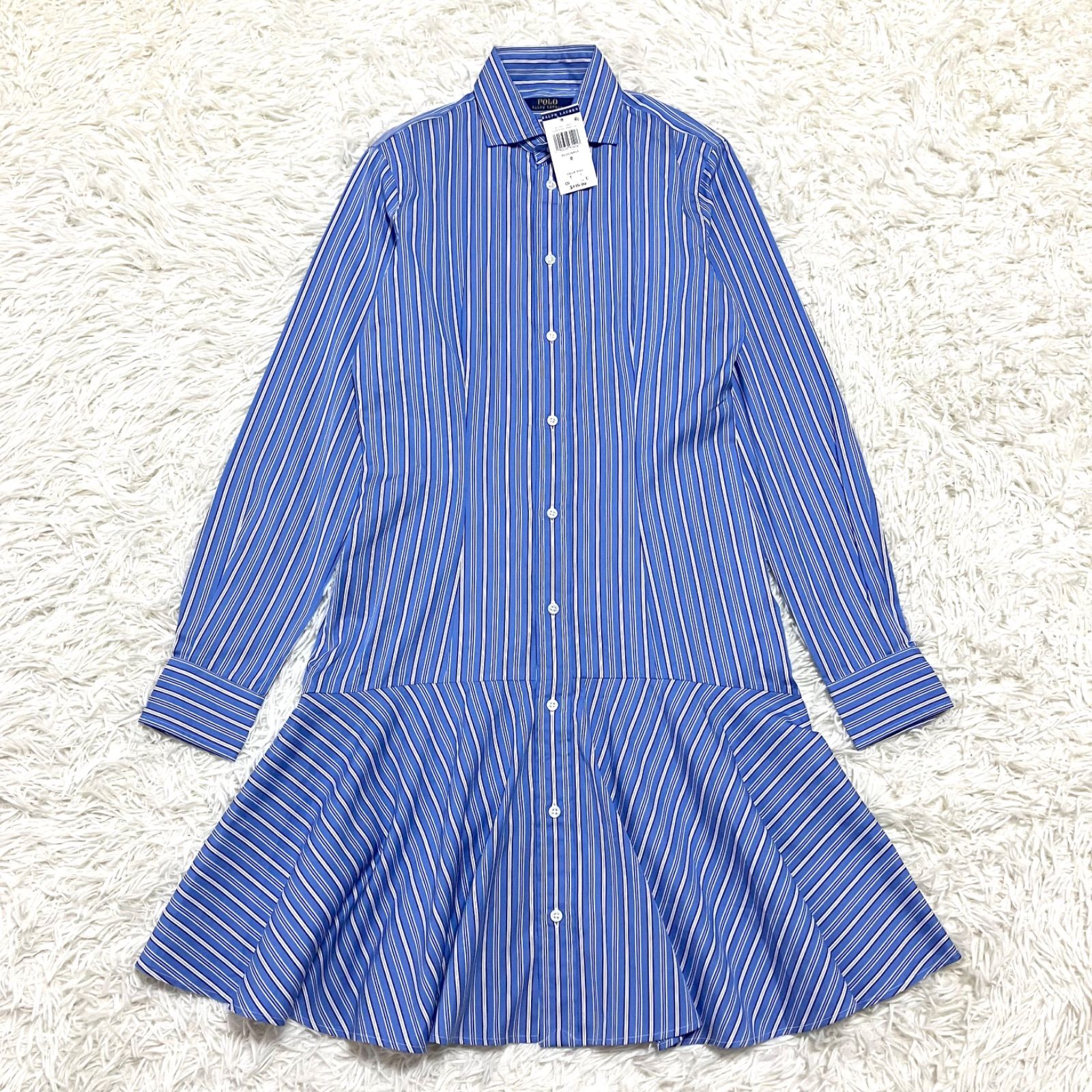 【タグ付き未使用品】POLO RALPH LAUREN フレアシャツワンピース ストライプ 長袖 コットン ブルー 0サイズ