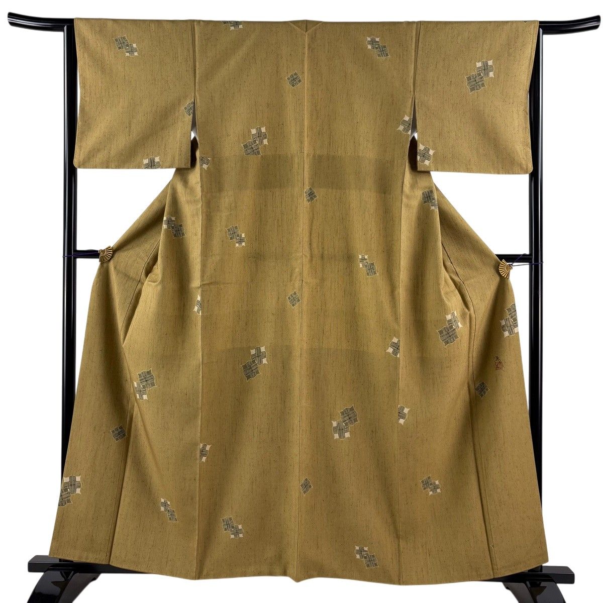 【美品】 小紋 身丈159cm 裄丈64cm M 袷 紬地 落款 糸巻 茶緑色 正絹 秀品 【中古】
