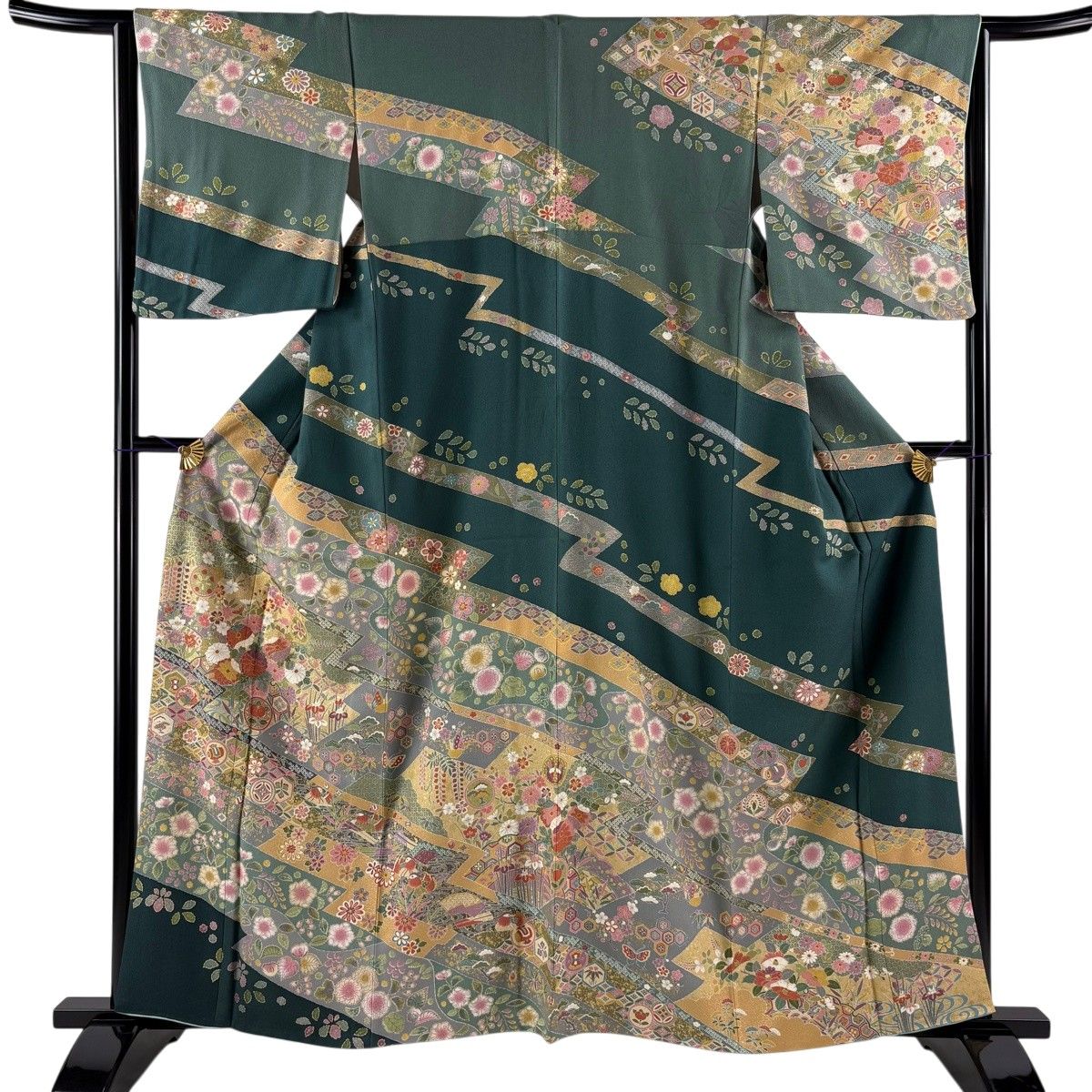 訪問着 身丈159.5cm 裄丈64cm M 袷 花鳥 宝尽くし 金彩 染め分け 深緑