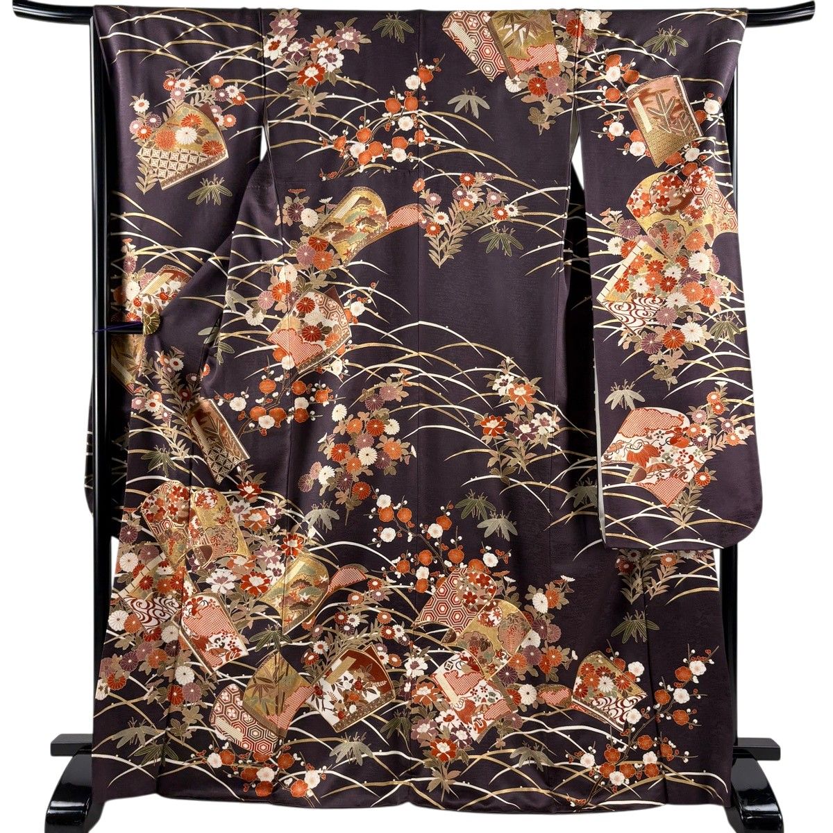 【美品】 振袖 身丈169cm 裄丈67.5cm L 袷 冊子 草花 金糸 金彩 茶紫 正絹 秀品 【中古】