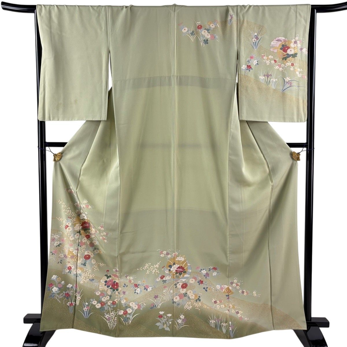 訪問着 身丈165cm 裄丈66.5cm M 袷 雪輪 草花 金彩 ぼかし 薄緑 正絹 秀品 【中古】