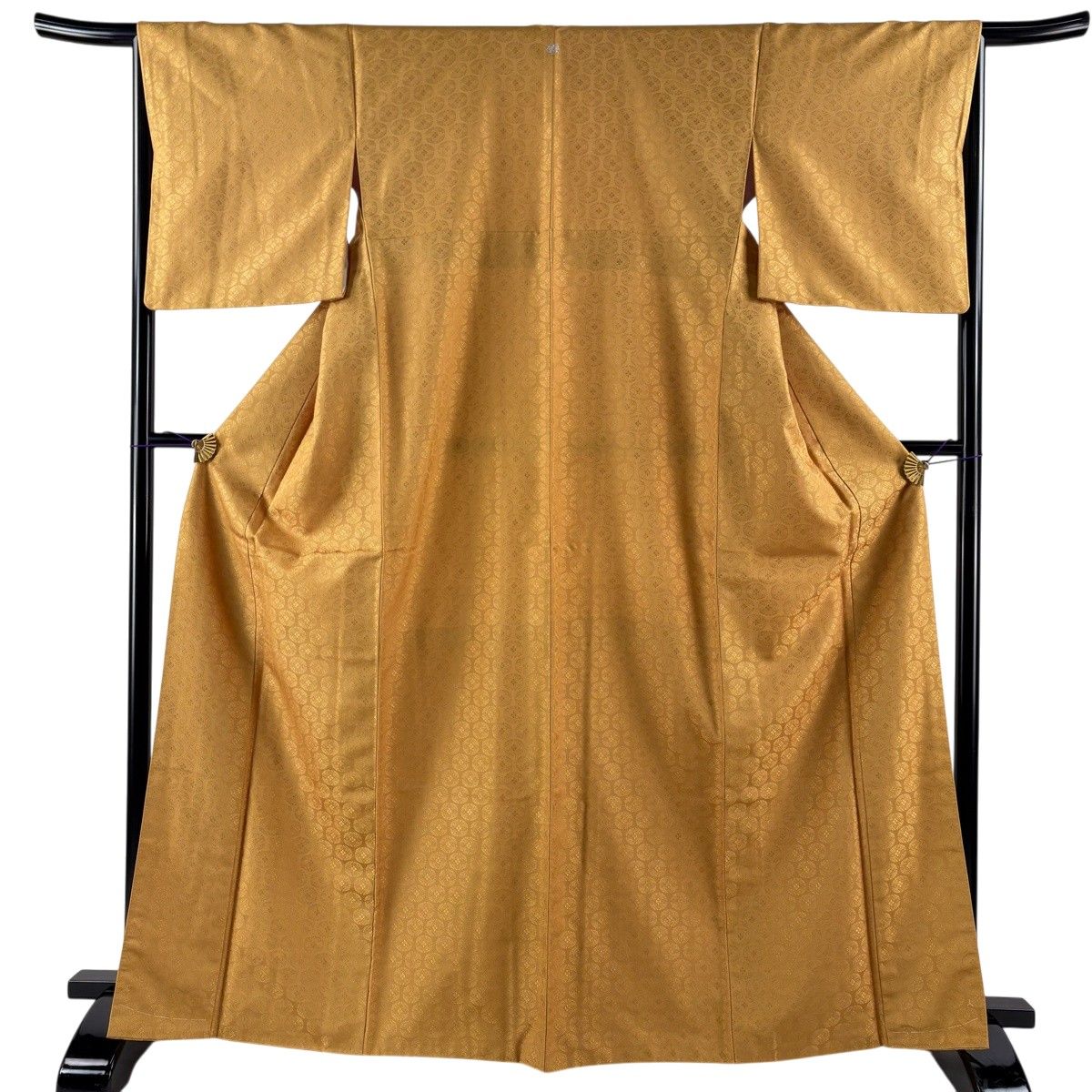 【美品】 色無地 身丈166cm 裄丈66.5cm M 袷 地紋 山吹色 正絹 秀品 一つ紋 【中古】