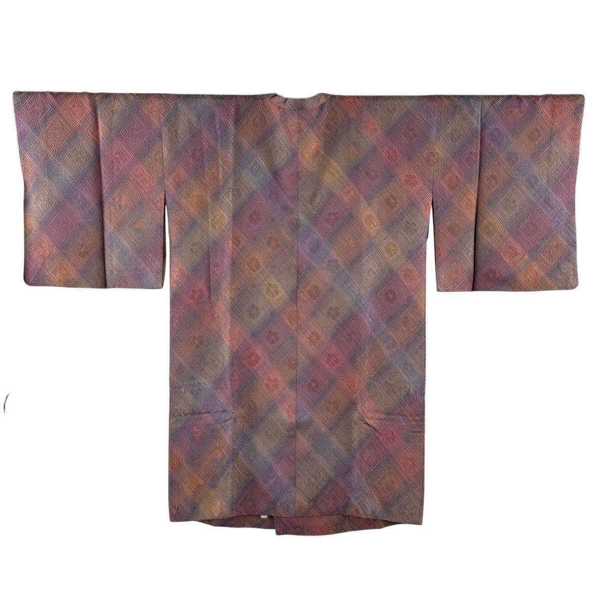 道行 身丈96cm 裄丈67cm M 和装コート 角衿 落款 花 幾何学 赤紫 正絹 秀品 【中古】