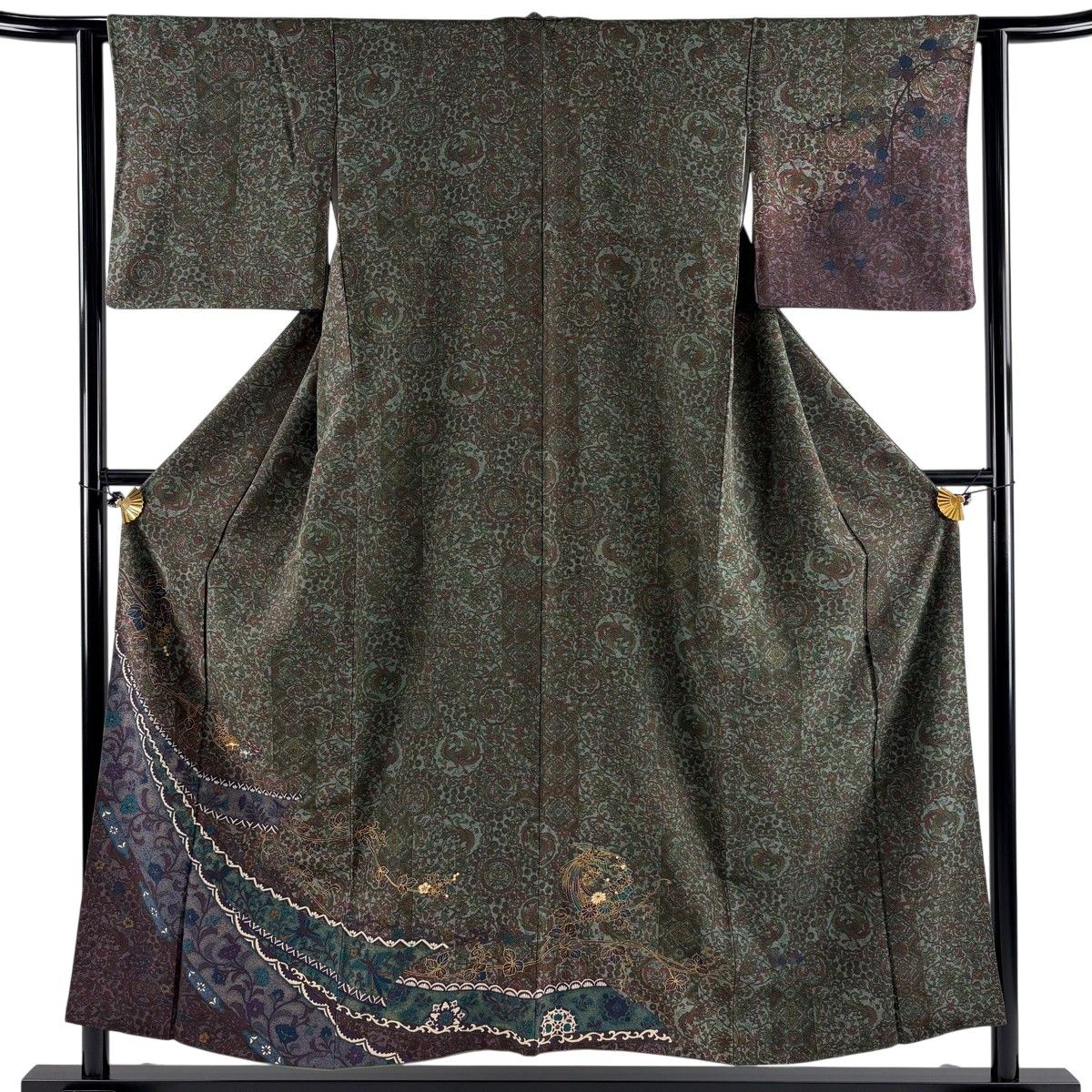 美品】 付下げ 身丈153cm 裄丈62cm S 袷 草花 花唐草 金彩 ぼかし 灰緑