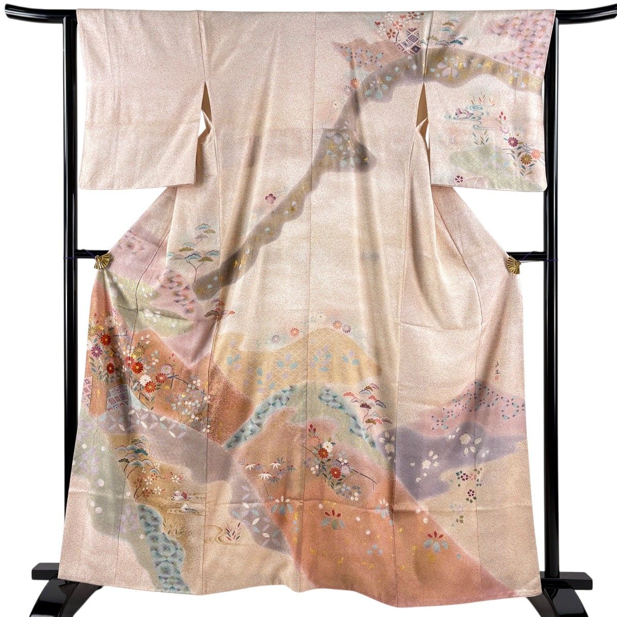 訪問着 身丈161cm 裄丈63cm S 袷 落款 鴛鴦 草花 金彩 刺繍 薄ピンク 正絹 秀品 【中古】