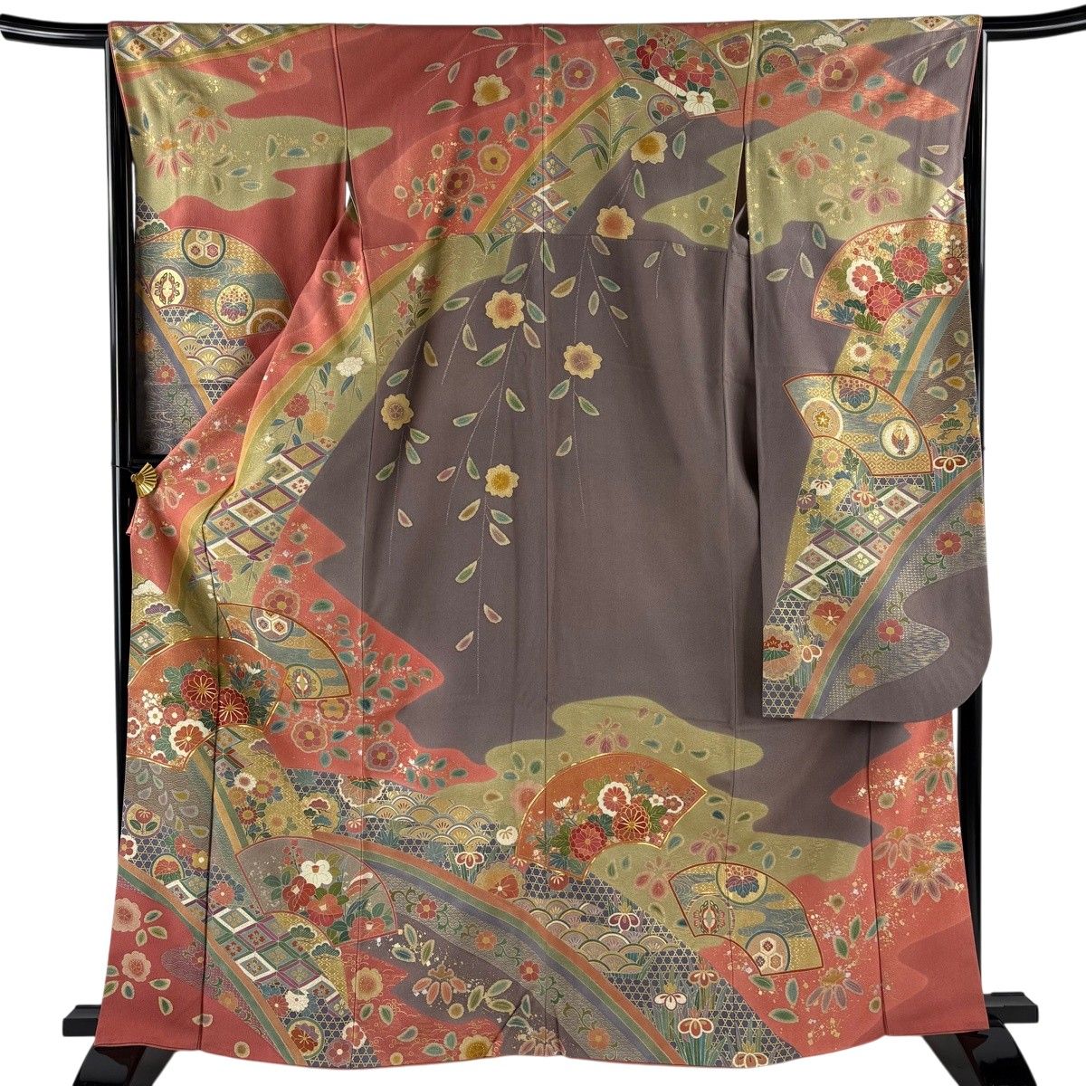 振袖 身丈164cm 裄丈65cm M 袷 落款 扇面 草花 金糸 金銀彩 ピンク 正絹 秀品 【中古】