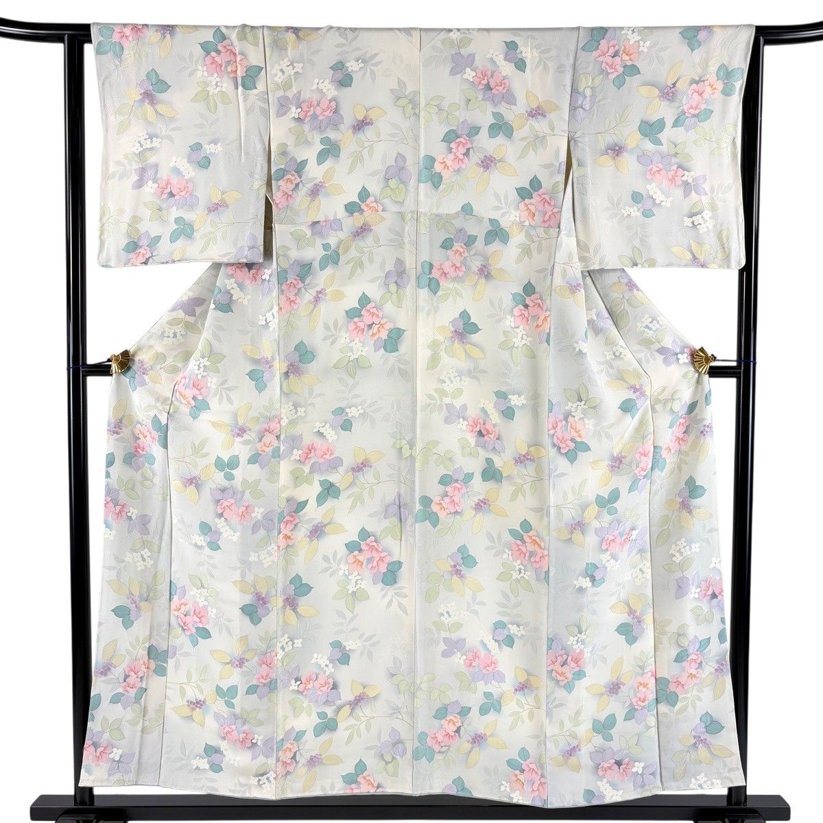 【美品】 小紋 身丈154.5cm 裄丈63cm S 袷 枝花 葉と実 ぼかし クリーム 正絹 秀品 【中古】