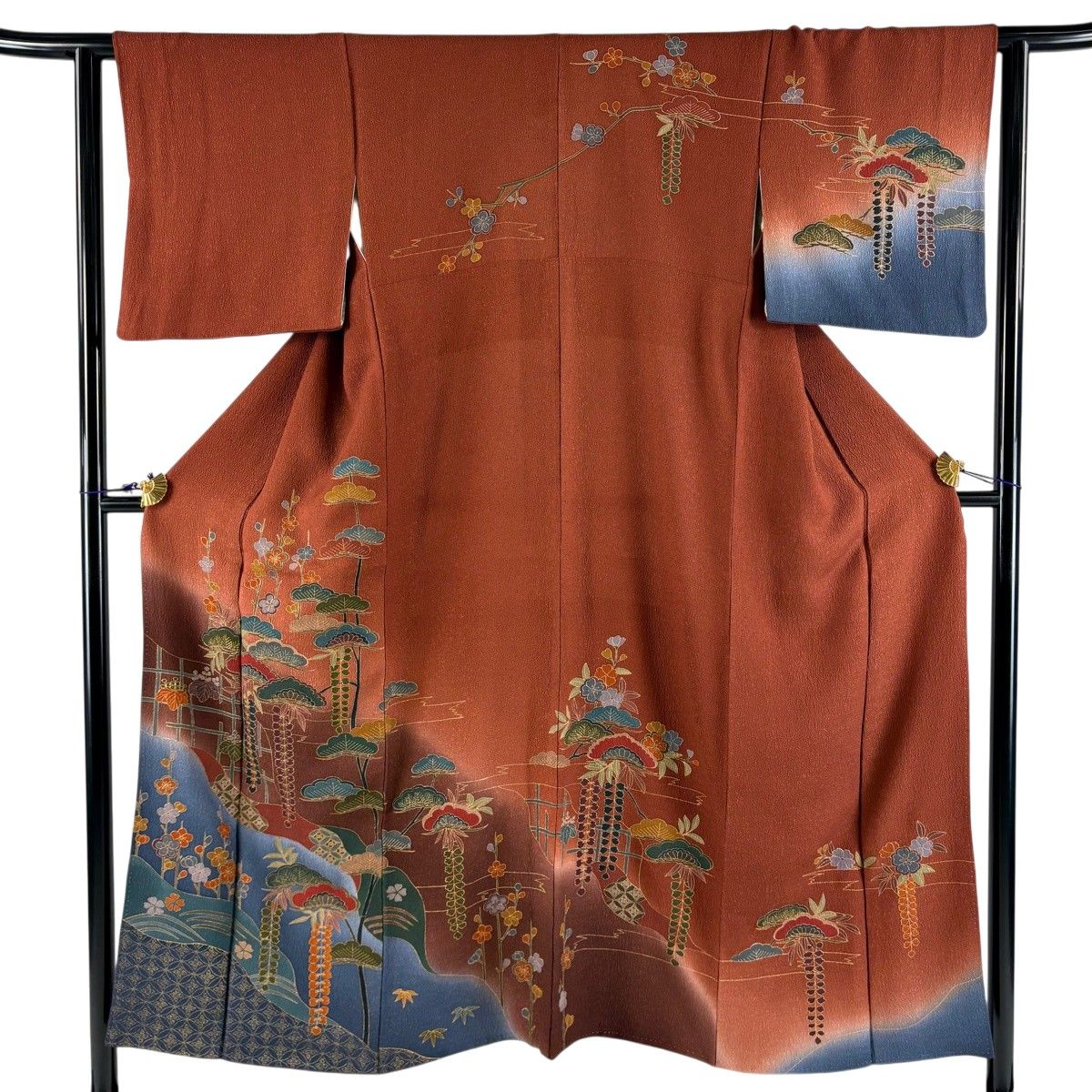 訪問着 身丈150.5cm 裄丈63cm S 袷 松竹梅 藤 金彩 ぼかし 赤茶 正絹 秀品 【中古】