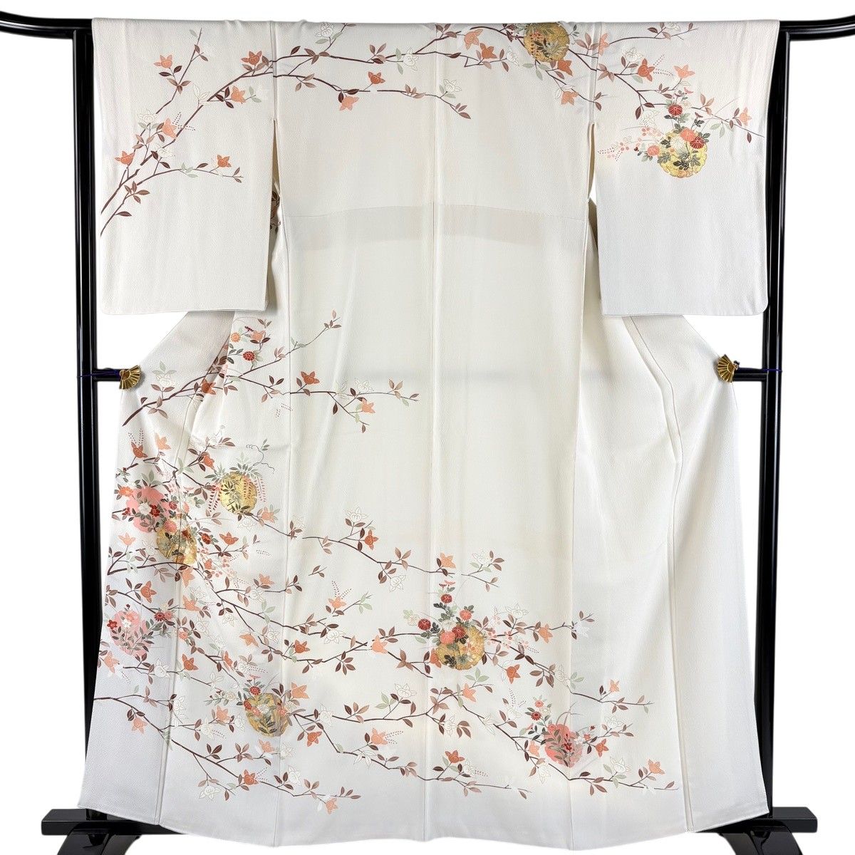 訪問着 身丈160cm 裄丈64.5cm M 袷 雪輪 草花 金彩 ぼかし 灰白 正絹 秀品 【中古】