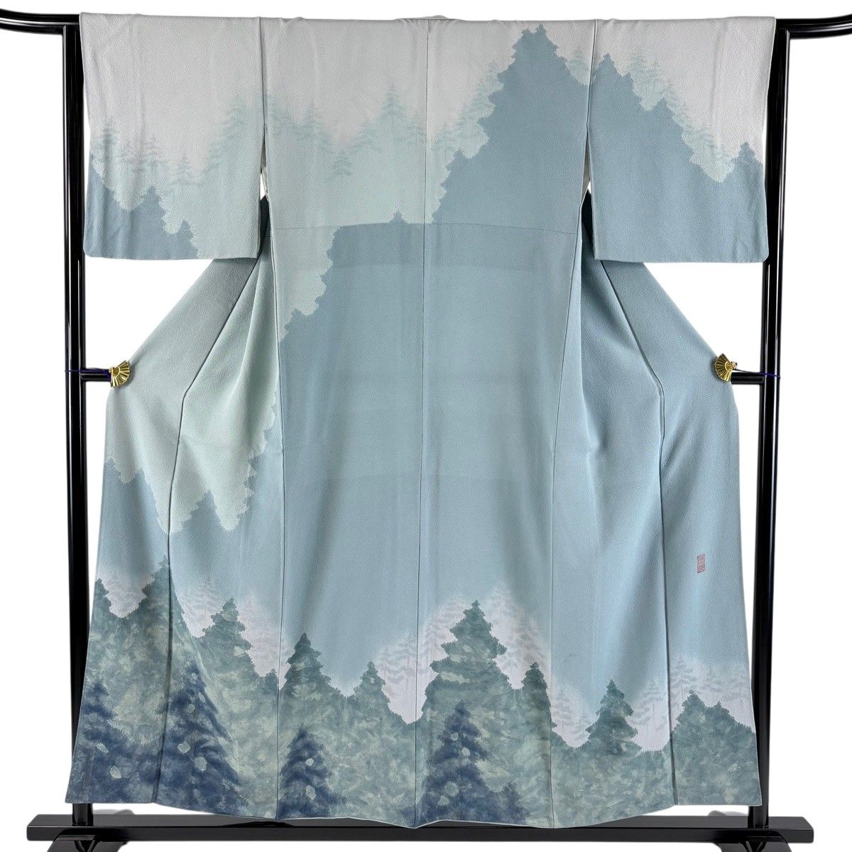 訪問着 身丈154cm 裄丈63cm S 袷 落款 樹木 ぼかし 水色 正絹 秀品 【中古】