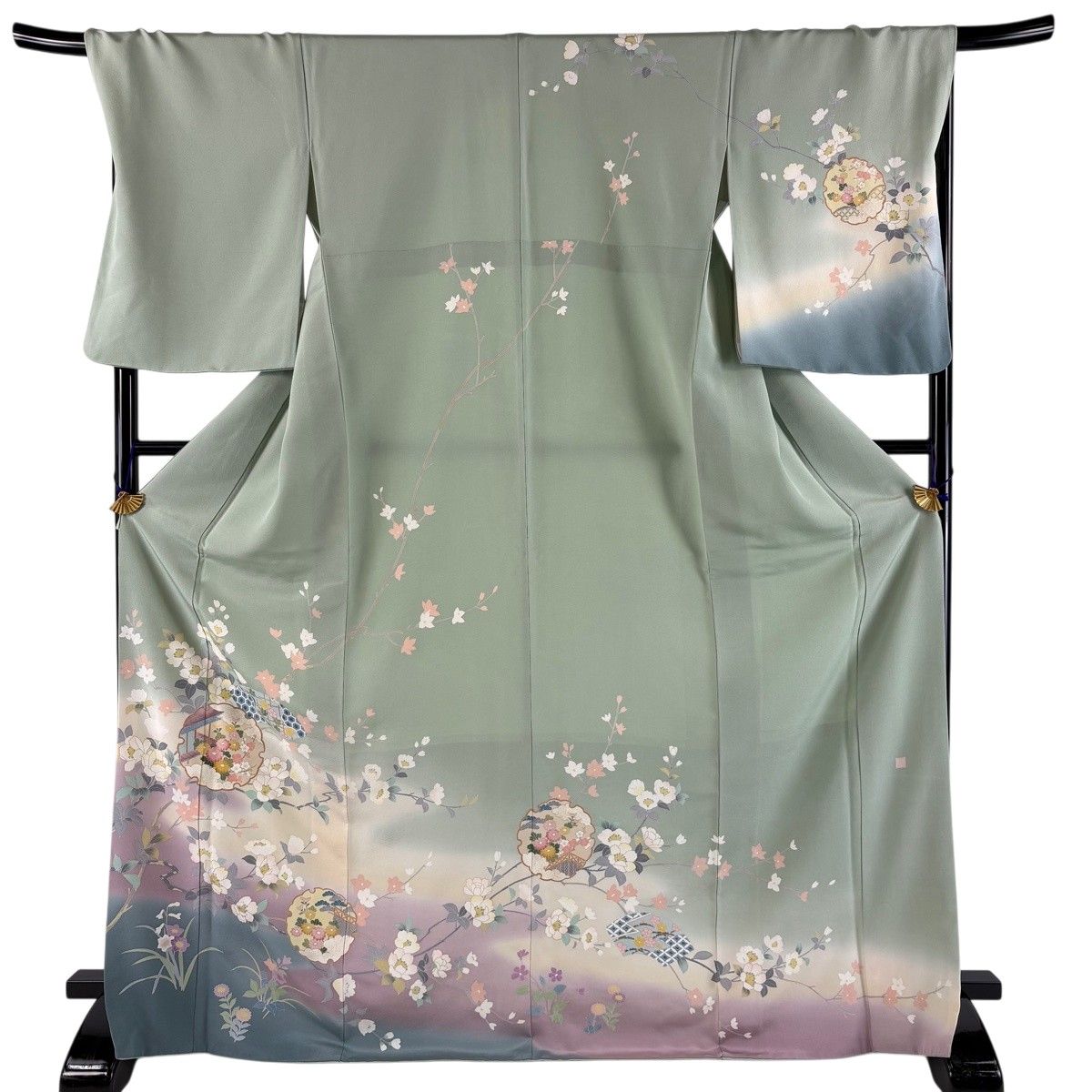 訪問着 身丈172cm 裄丈69cm L 袷 落款 雪輪 草花 金彩 ぼかし 薄緑