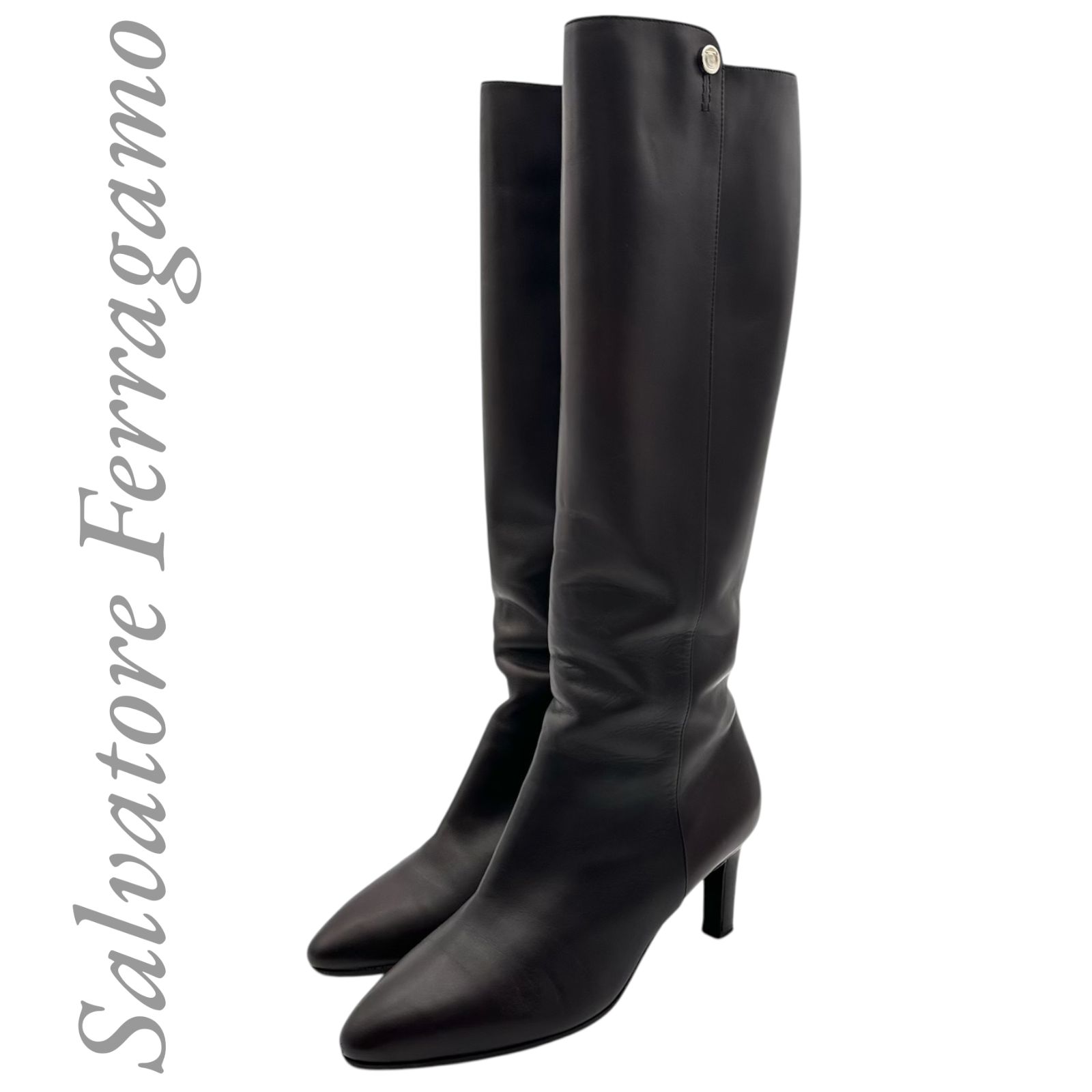 【B5454】 Salvatore Ferragamo サルヴァトーレ フェラガモ ロングブーツ レザー 本革 ダークブラウン イタリア製