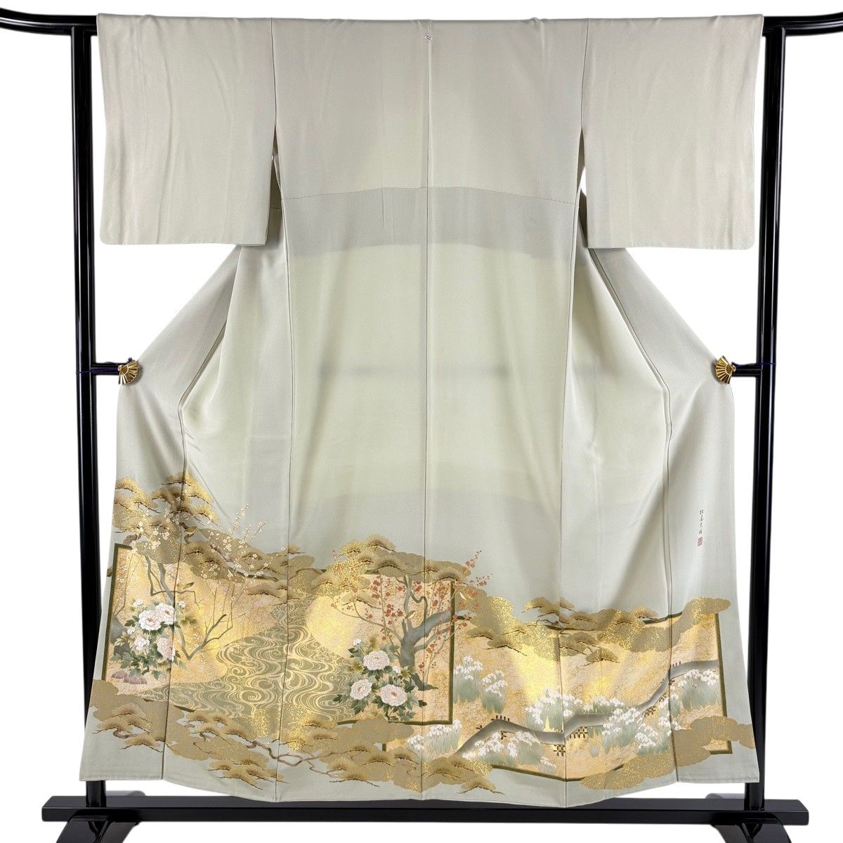色留袖 身丈153cm 裄丈62.5cm S 袷 松尾光琳 落款 松屏風図 牡丹 金彩
