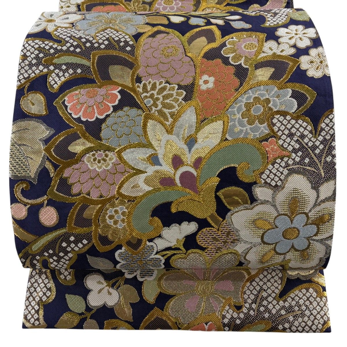 【美品】 袋帯 秀品 草花 桜 金銀糸 箔 青紫 六通 正絹 【中古】