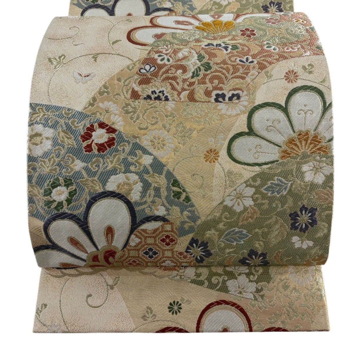 【美品】 袋帯 秀品 織彩吉祥錦 花唐草 蜀江文 唐織 箔 ベージュ 六通 正絹 【中古】