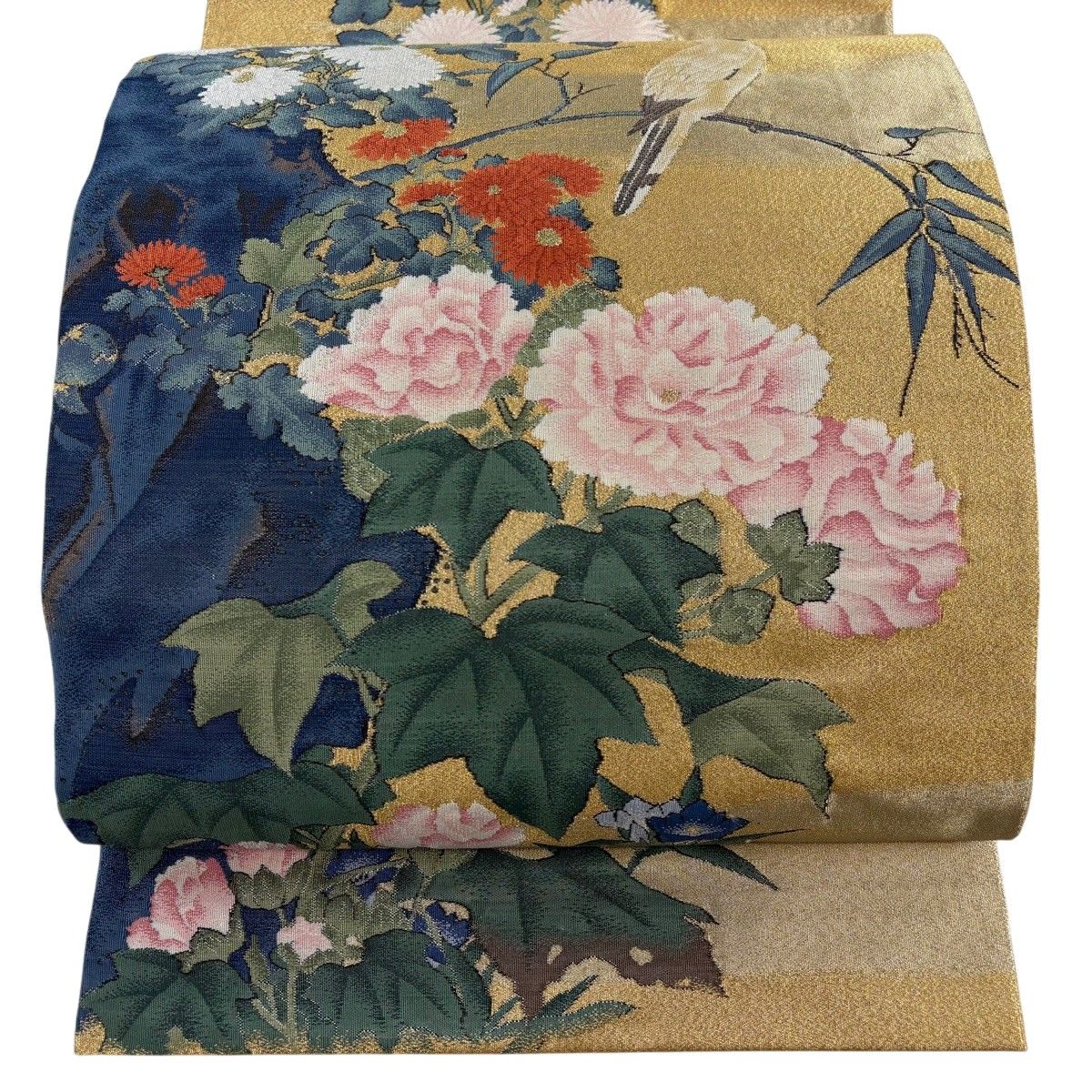 【美品】 袋帯 秀品 落款 牡丹 鳥 金糸 金色 お太鼓柄 正絹 【中古】