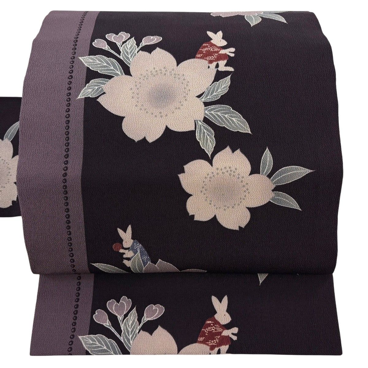 名古屋帯 秀品 桜 うさぎ 縮緬 濃紫 正絹 【中古】