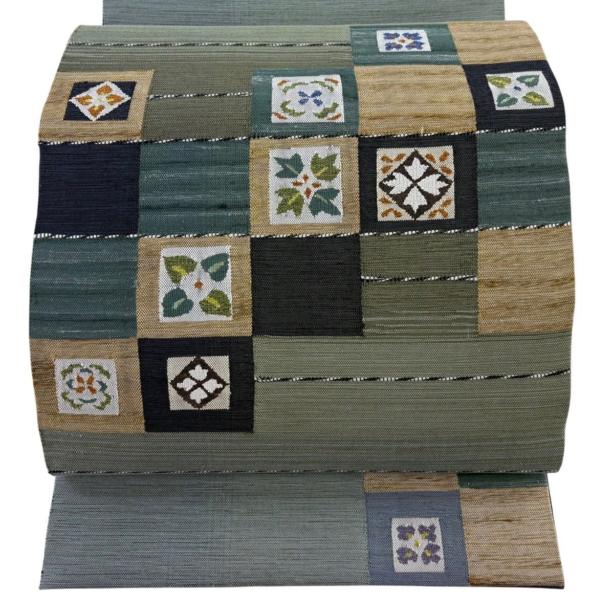 【美品】 袋帯 秀品 紬地 菱 市松 灰緑 お太鼓柄 正絹 【中古】