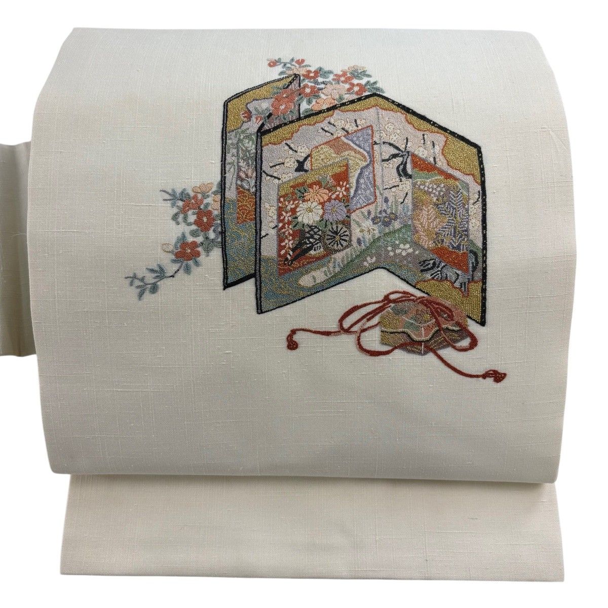 名古屋帯 秀品 蒋雪英 落款 屏風 文箱 相良刺繍 金糸 クリーム 正絹 【中古】