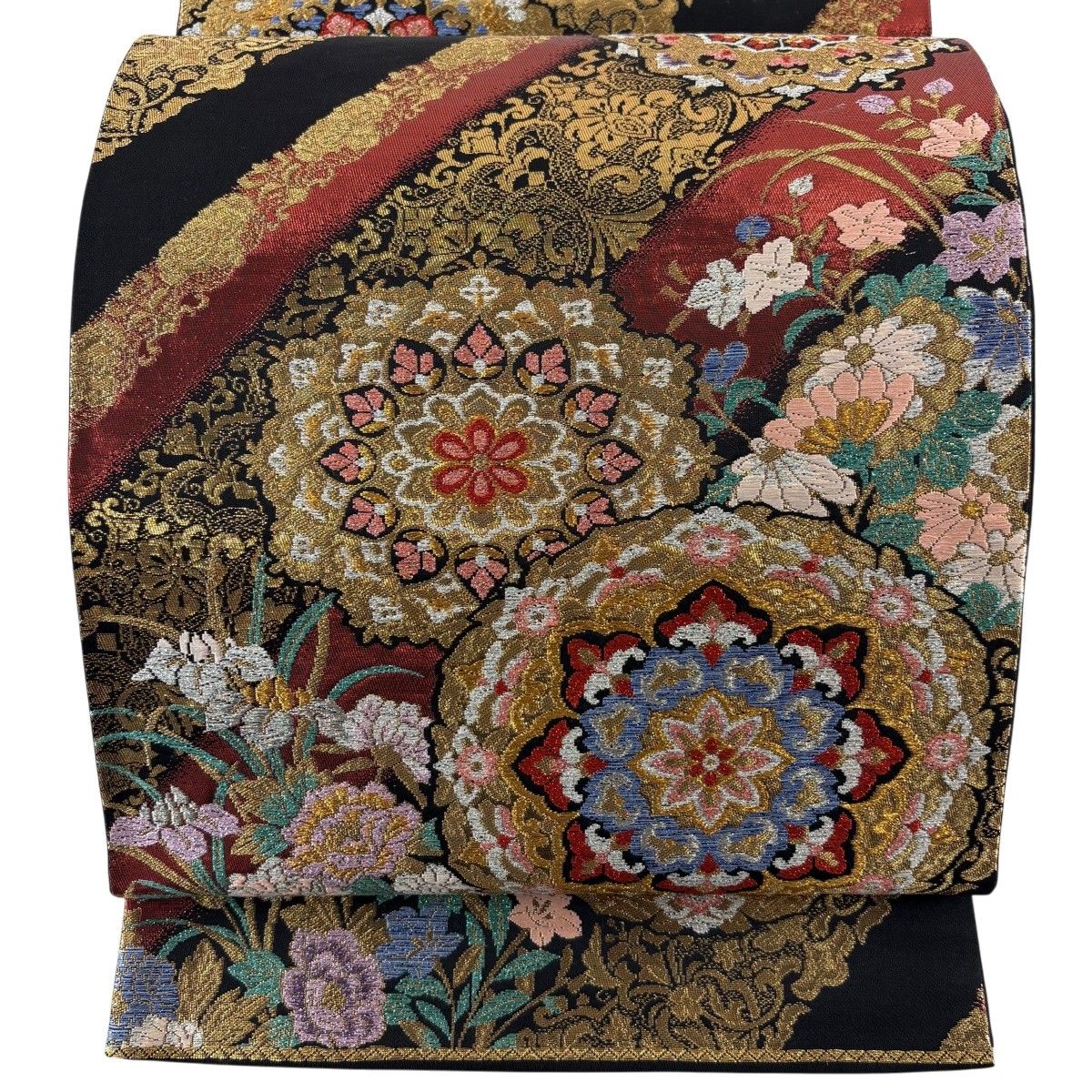 袋帯 秀品 華文 草花 金糸 箔 黒 六通 正絹 【中古】