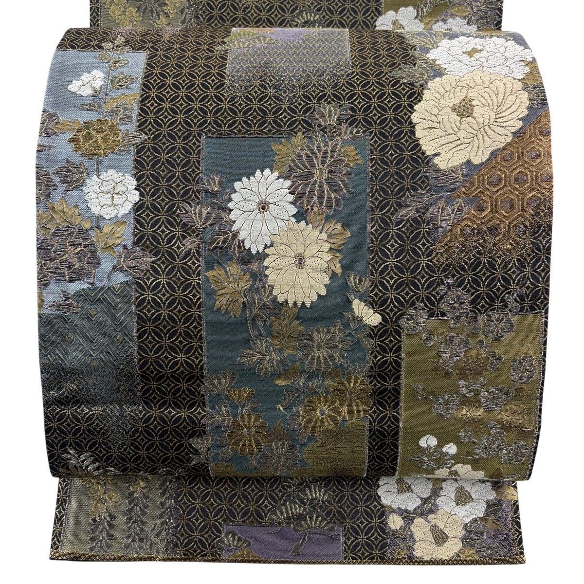 袋帯 秀品 草花 七宝 金銀糸 箔 黒 六通 正絹 【中古】