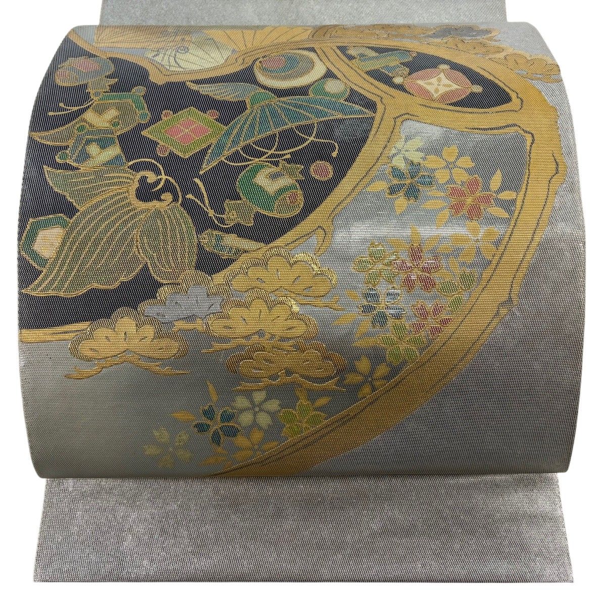 【美品】 袋帯 秀品 川島織物 落款 宝尽くし 桧扇 箔 金銀彩 銀色 お太鼓柄 正絹 【中古】